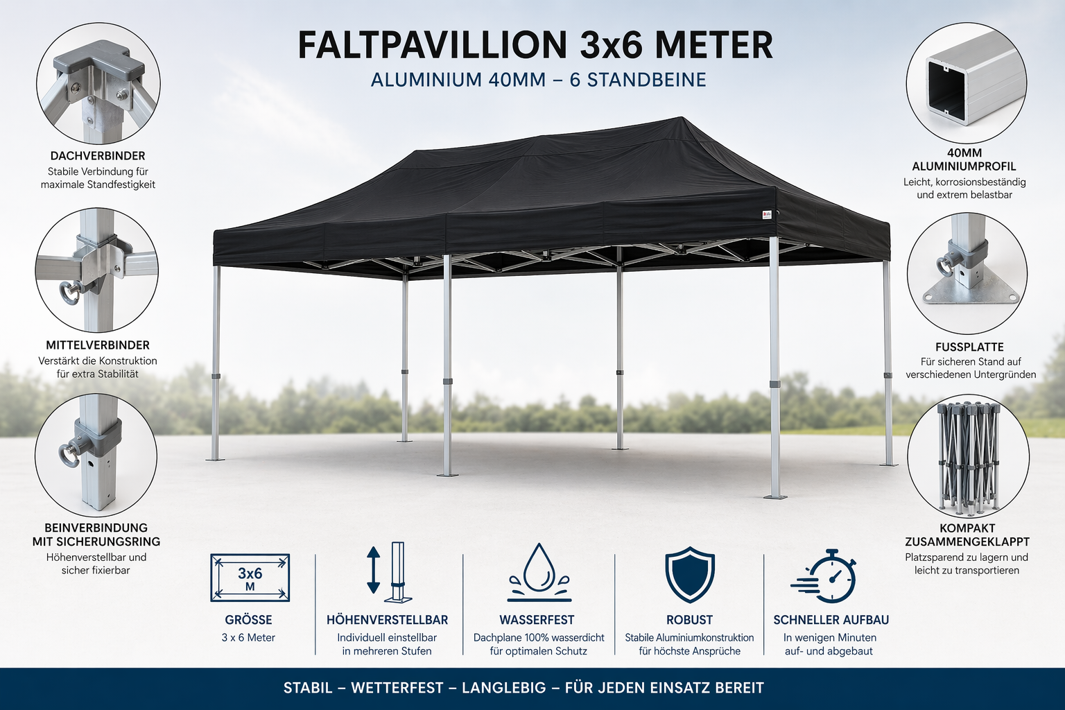 B-OT Pavillion Profiline 40 mm 3x6 Meter (Inkl. Gestell und Dach)
