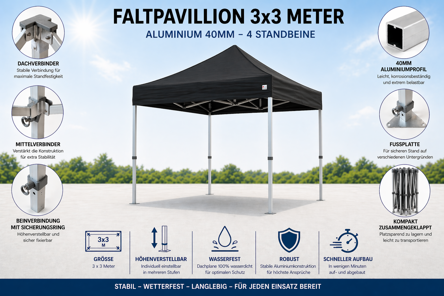 B-OT Pavillion Profiline 40mm 3x3 Meter (Inkl. Gestell und Dach)